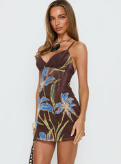 Isakaia Beaded Mini Dress Brown Floral