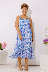 Tranquil Time Floral Midi Dress in Ocean Blue Curves