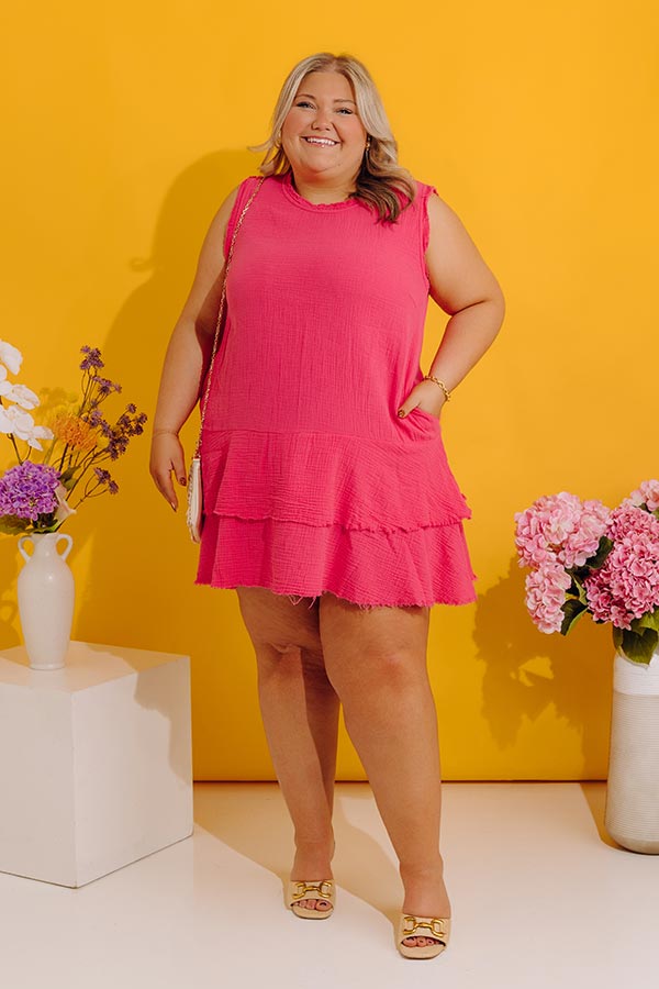 Coastal Sunshine Frayed Gauze Mini Dress in Hot Pink Curves