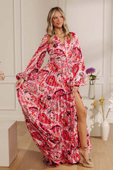 Colorburst Couture Paisley Pleated Maxi Dress in Pink