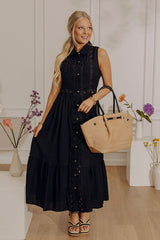 Graceful Moments Button Down Midi Dress in Black