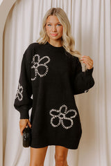 Petal Pop Sweater Mini Dress in Black