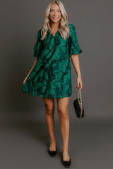 Holiday Happiness Floral Jacquard Mini Dress in Hunter Green