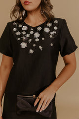 Classic Elegance Embellished Mini Dress in Black