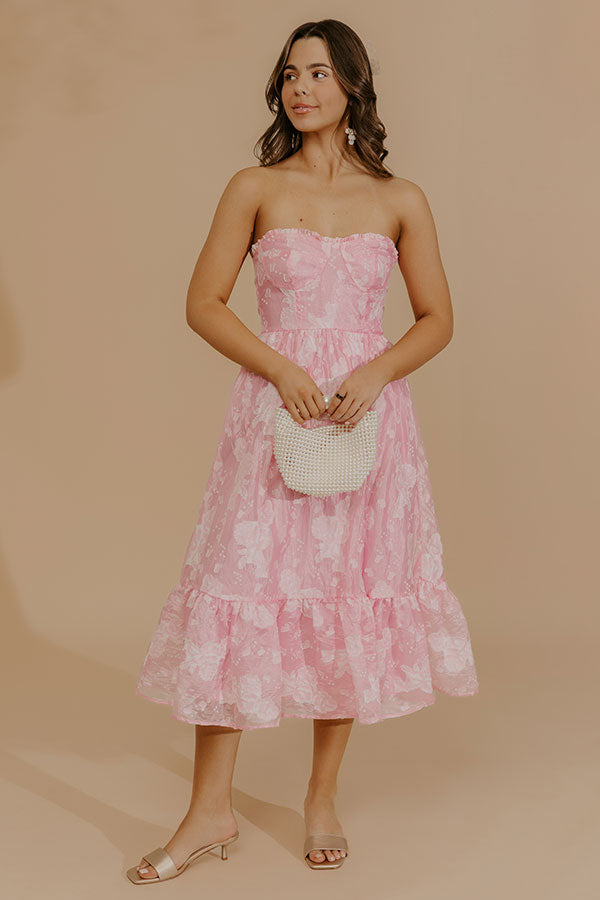 Veranda Elegance Floral Jacquard Midi Dress in Pink