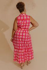 Boardwalk Stroll Plaid Maxi Dress in Hot Pink Curves