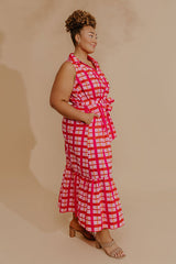 Boardwalk Stroll Plaid Maxi Dress in Hot Pink Curves