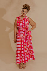 Boardwalk Stroll Plaid Maxi Dress in Hot Pink Curves