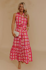 Boardwalk Stroll Plaid Maxi Dress in Hot Pink