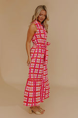 Boardwalk Stroll Plaid Maxi Dress in Hot Pink