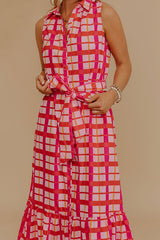 Boardwalk Stroll Plaid Maxi Dress in Hot Pink