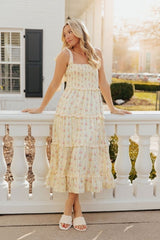 Prairie Bloom Floral Tiered Midi Dress in Yellow