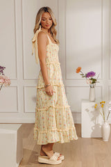 Prairie Bloom Floral Tiered Midi Dress in Yellow