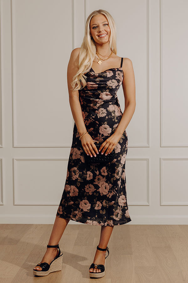 Garden At Midnight Floral Satin Midi Dress