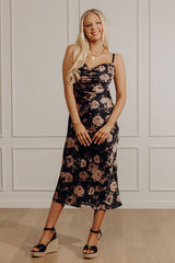 Garden At Midnight Floral Satin Midi Dress