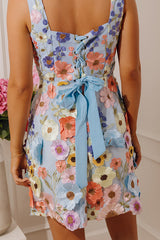 Romantic Daydream Floral Applique Mini Dress in Powder Blue