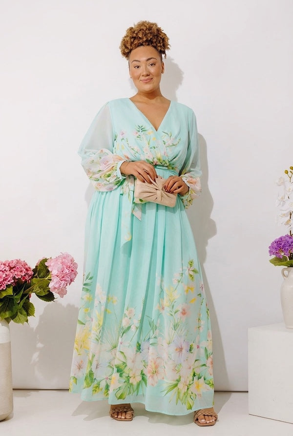 Secret Garden Floral Maxi Dress in Aqua Curves
