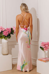 Watercolor Lilies Floral Satin Maxi Dress