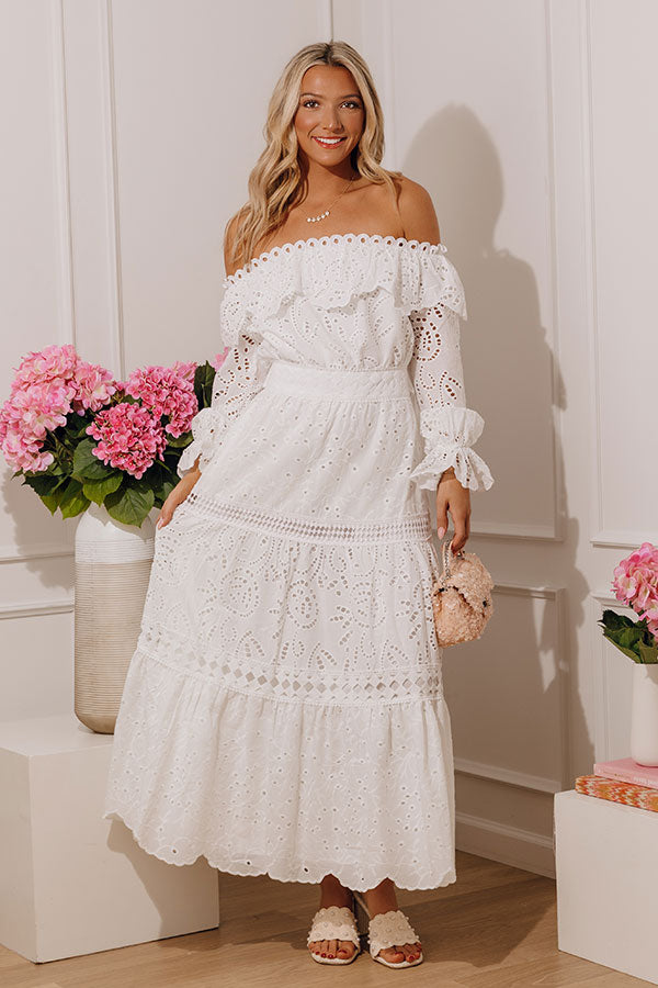 Graceful Intent Off Shoulder Eyelet Midi Dress