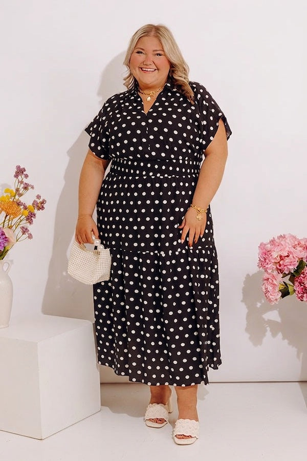 Sweet Spotlight Polka Dot Midi Dress in Black Curves