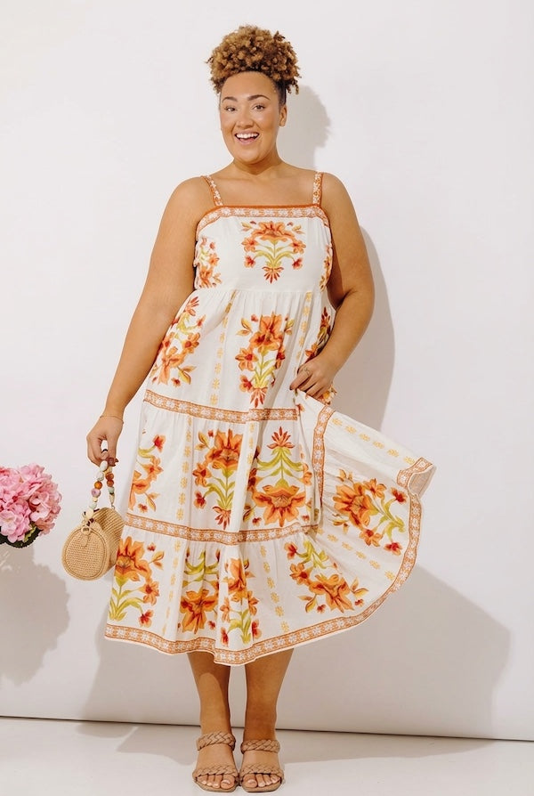 Acapulco Sunshine Floral Midi Dress in Cream Curves