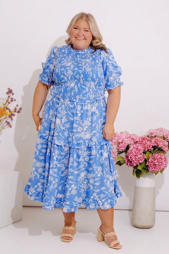 Casual Garden Smocked Floral Midi Dress Curves