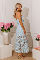 Romance in Bloom Floral Embroidered Midi Dress in Powder Blue