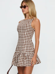 Kolbie Boat Neck Frill Mini Dress Brown Gingham