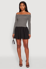 Striped Off The Shoulder Long Sleeve Bubble Hem Dress