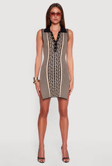 Sleeveless Striped Greek Key Polo Sweater Dress
