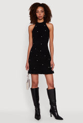 Rhinestone Eyelash Knit Ruffle Hem Sweater Dress