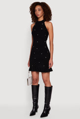 Rhinestone Eyelash Knit Ruffle Hem Sweater Dress