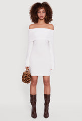Eyelash Knit Fold Over Off the Shoulder Sweater Dress