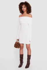 Eyelash Knit Fold Over Off the Shoulder Sweater Dress