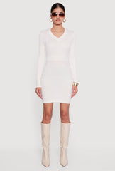 Greek Key Rib Knit Long Sleeve V-Neck Sweater Dress