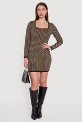 Printed Pattern Long Sleeve Square Neck Sweater Dress