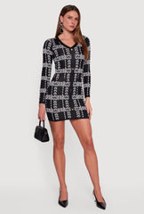 Patterned V-Neck Long Sleeve Mini Sweater Dress