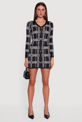 Patterned V-Neck Long Sleeve Mini Sweater Dress