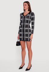 Patterned V-Neck Long Sleeve Mini Sweater Dress