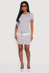 Short Sleeve Ribbed Knit Sweater Dress