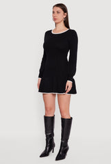 Crew Neck Contrast Trim Long Sleeve Sweater Dress