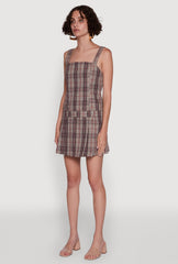 Plaid Square Neck Sleeveless Pleated Hem Dress