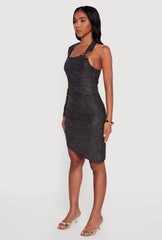 Glitter One Shoulder Halter Dress with Metallic Detail