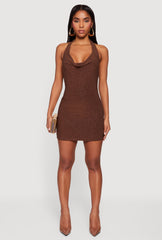 Glittery Cowl Neck Tie Back Halter Dress