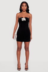 Velvet Strapless Mini Dress with Faux Pearl Bows
