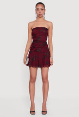 Glitter Floral Ruched Strapless Mini Dress