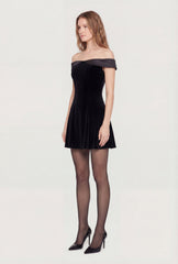 Satin Fold Over Off the Shoulder Velour Skater Dress