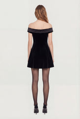 Satin Fold Over Off the Shoulder Velour Skater Dress