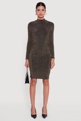 Lurex Long Sleeve Side Ruched Dress with Rhinestones