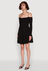 Ribbed Knit Lace Up Back Pleated Skater Dress